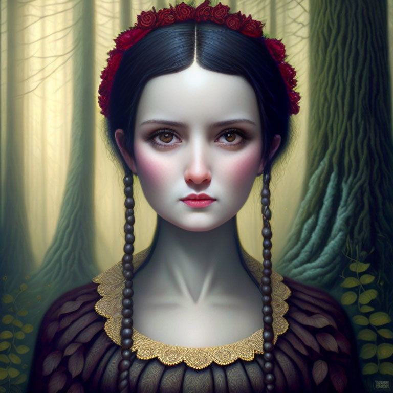 Woman with Pale Skin, Dark Hair, Red Flower Crown in Forest Portrait