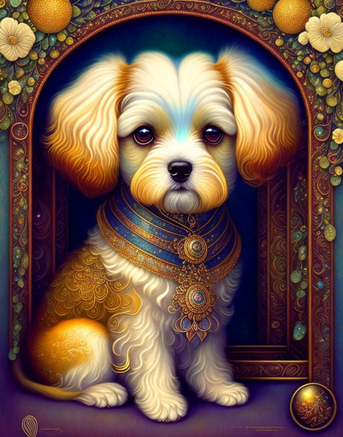 Fluffy white and tan dog with expressive eyes in luxurious jewelry against ornate background