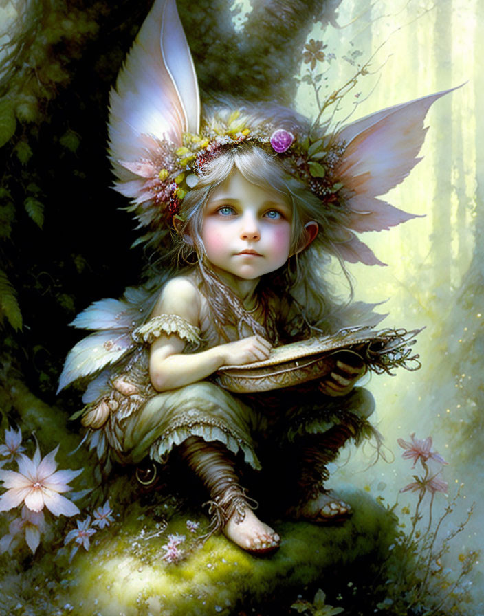 Young fairy with wings holding a bowl in enchanted forest