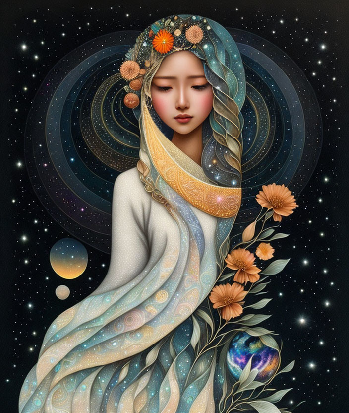 Celestial-themed woman illustration with surreal cosmic elements