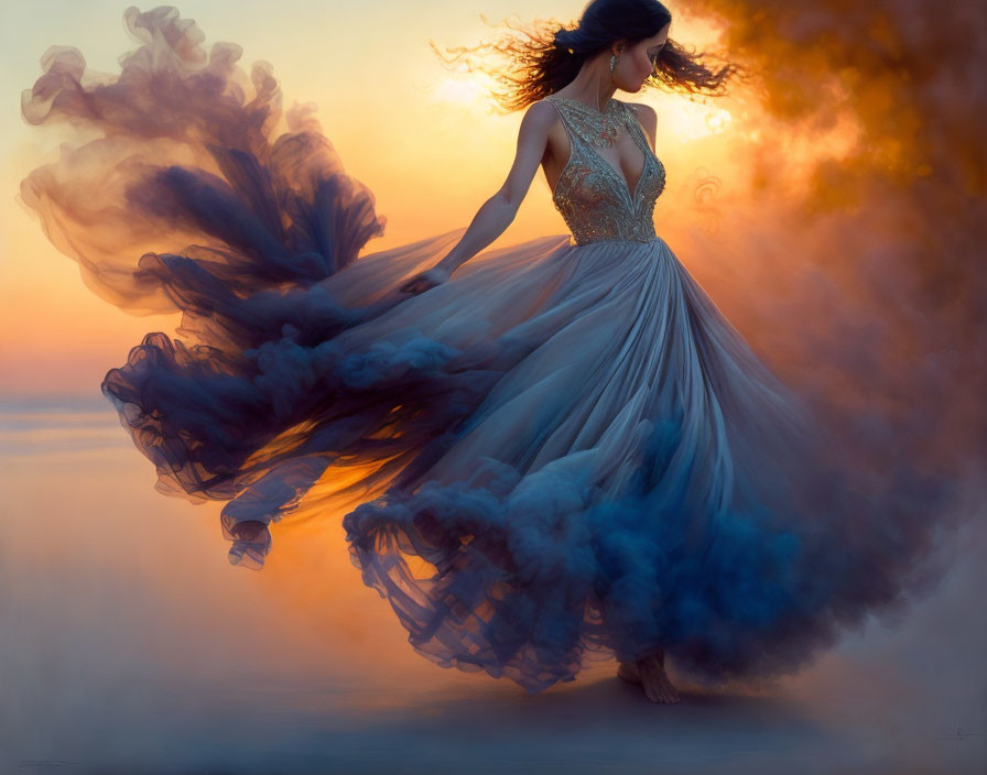 Woman in flowing gown amidst swirling blue and orange clouds on warm backdrop