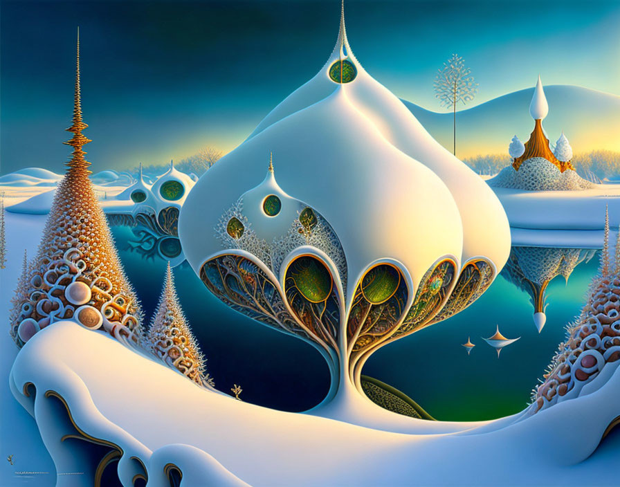 Surreal Landscape with Dome-Shaped Structures and Floating Elements