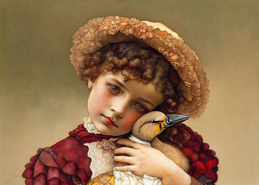 Child with Curly Hair Embracing Duck in Flower Hat Painting