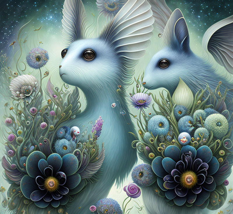 Whimsical blue rabbits with butterfly wings in dreamlike floral landscape