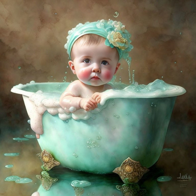 Charming Baby Illustration in Vintage Bathtub with Big Eyes