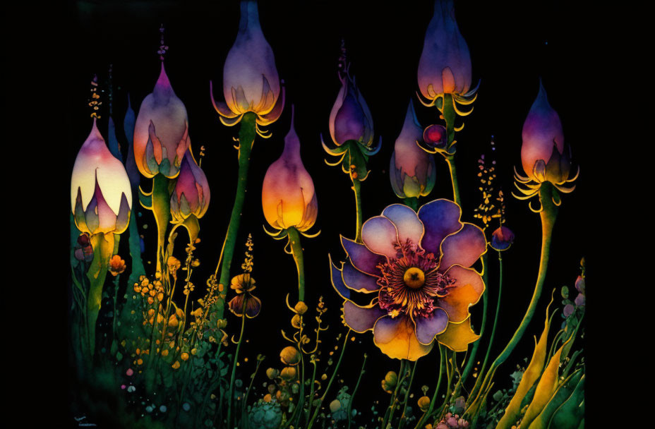 Whimsical glowing plants with prominent flower on dark background