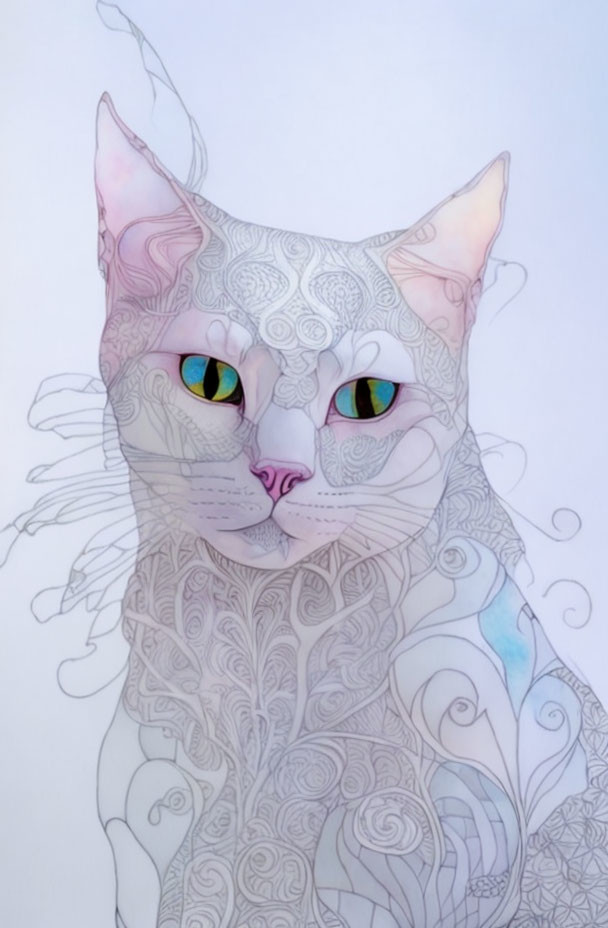 Colorful Cat Illustration with Intricate Patterns and Swirls