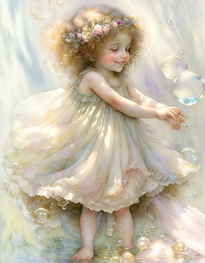 Illustration: Young girl in yellow dress playing with bubbles in a dreamy setting