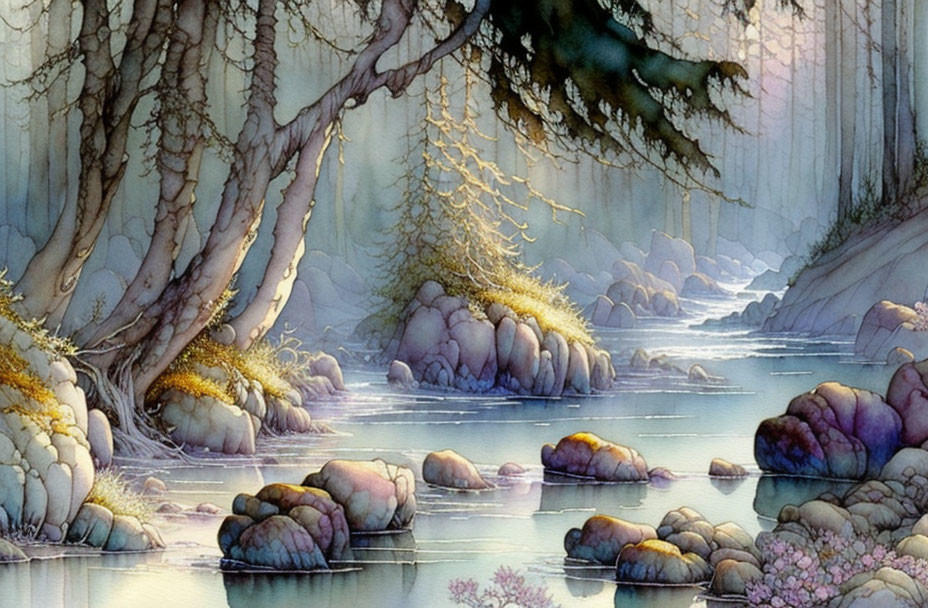 Tranquil watercolor landscape of river, trees, and rocks