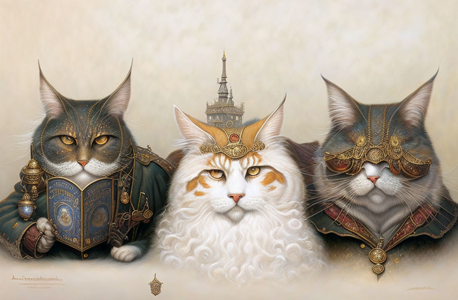 Three cats in medieval armor with fantasy castle.