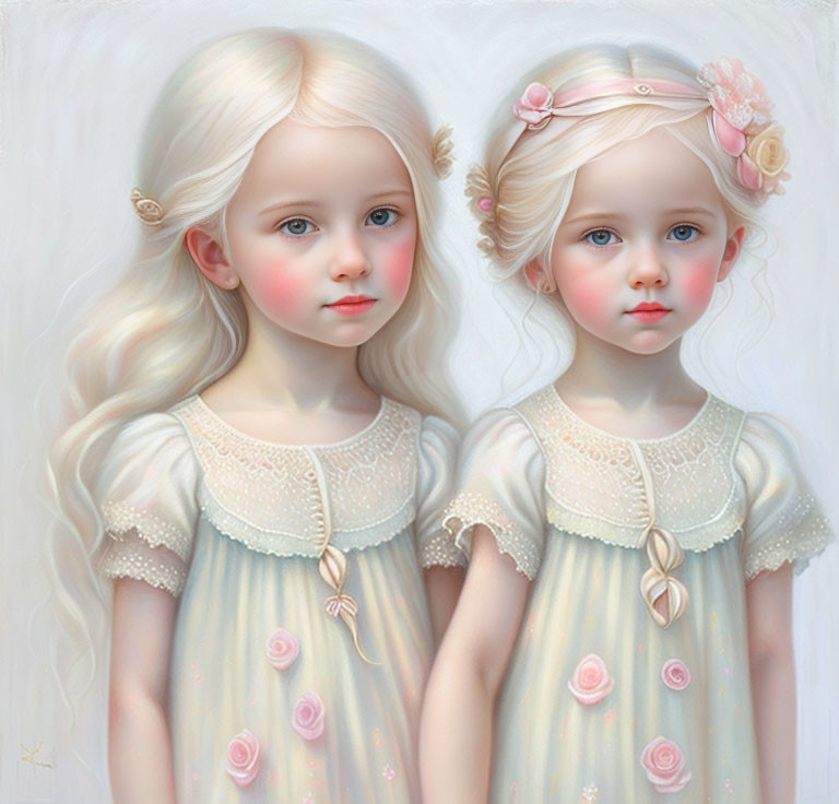 Two young girls in floral headbands and pastel dresses with rosette details