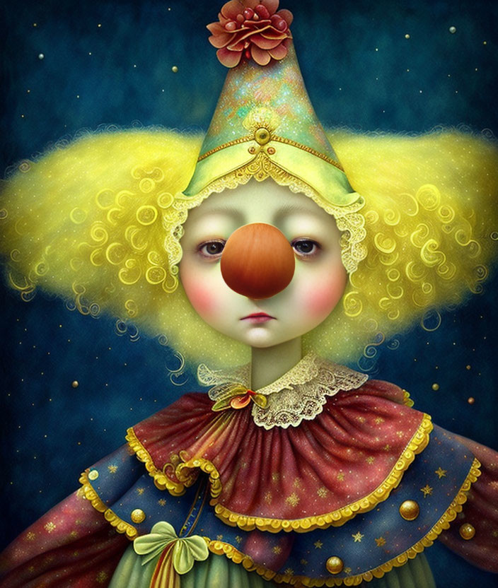 Colorful Clown with Flower-Topped Hat and Star-Patterned Costume