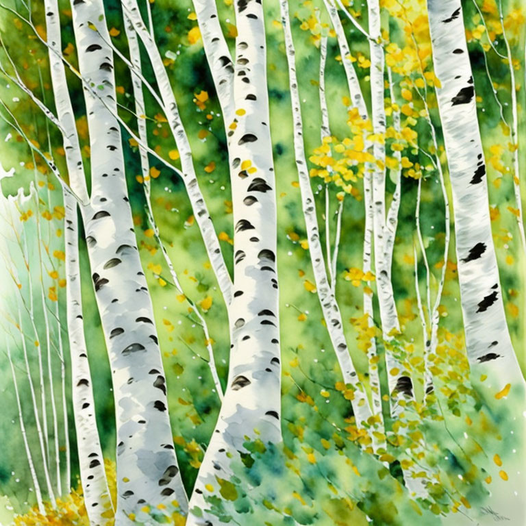 White Birch Trees Watercolor Painting with Greenery and Yellow Foliage