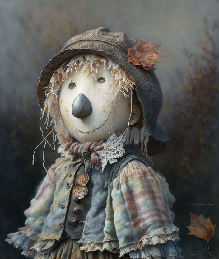 Rustic fabric scarecrow with button eyes, stitched mouth, straw hair, autumn leaves, pl