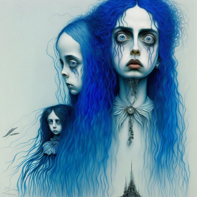 Three surreal pale figures with blue hair and wide eyes on blank backdrop