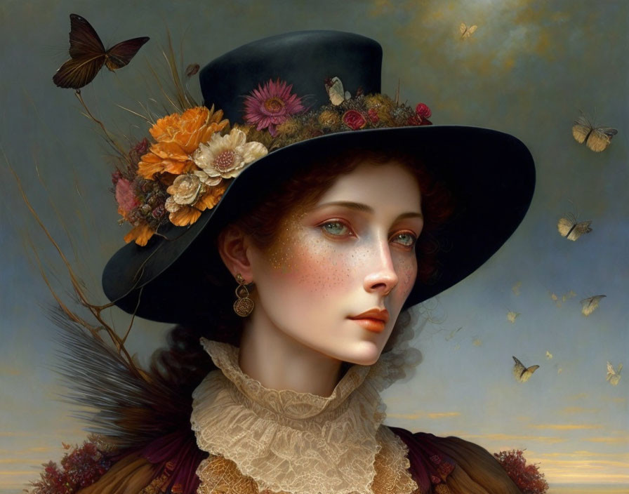 Victorian-style portrait of woman with red hair in top hat with flowers, butterflies on soft blue background