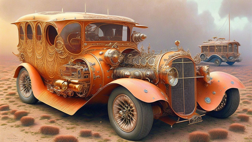 Steam-punk styled car with copper details in desert landscape