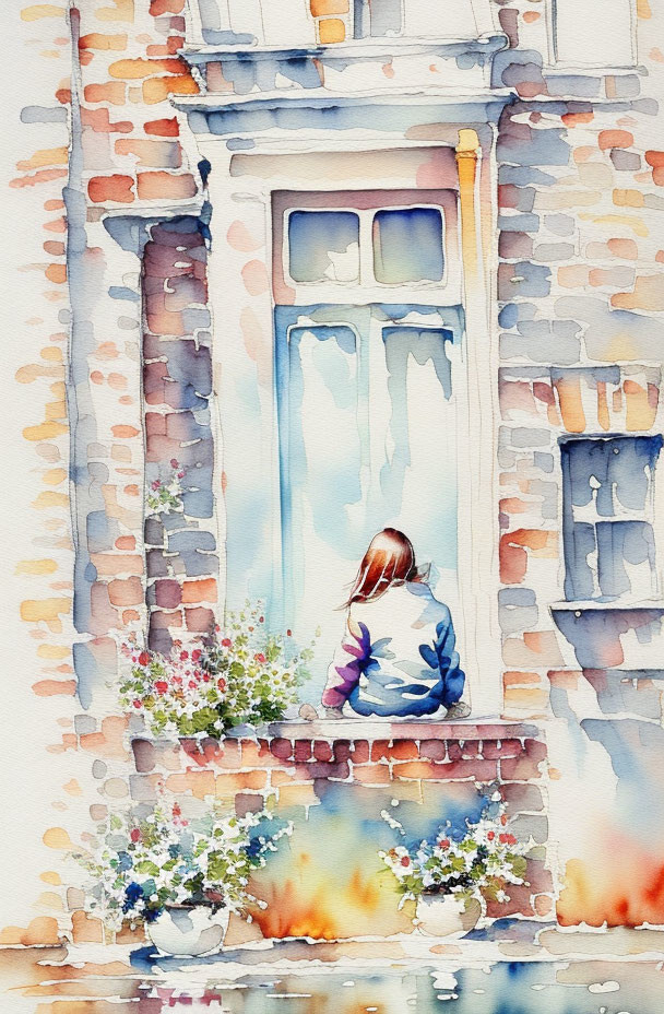 Person sitting on windowsill of brick building with flowers in watercolor.