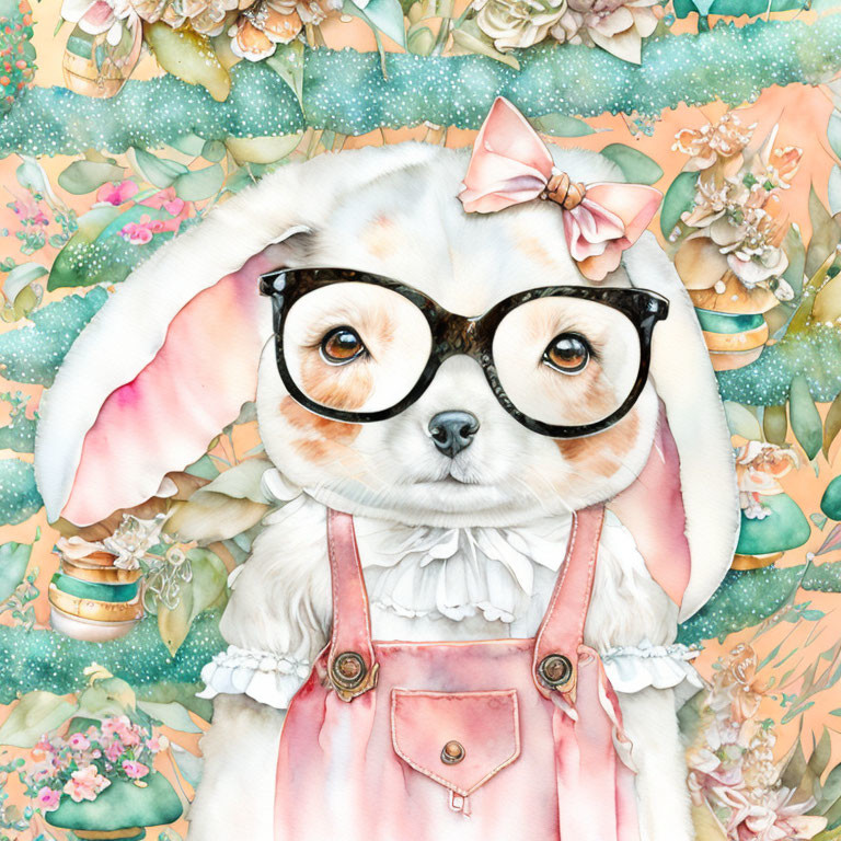 Adorable rabbit in pink dress with overalls, glasses, bow, Easter eggs, and floral motifs