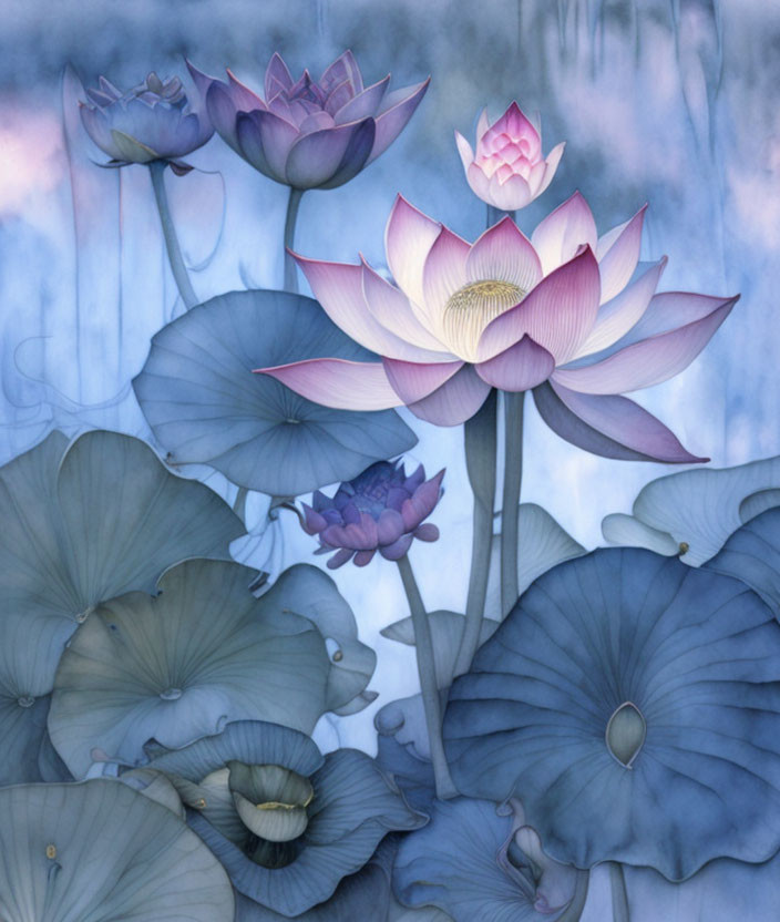 Violet lotus flowers illustration in blue and violet hues