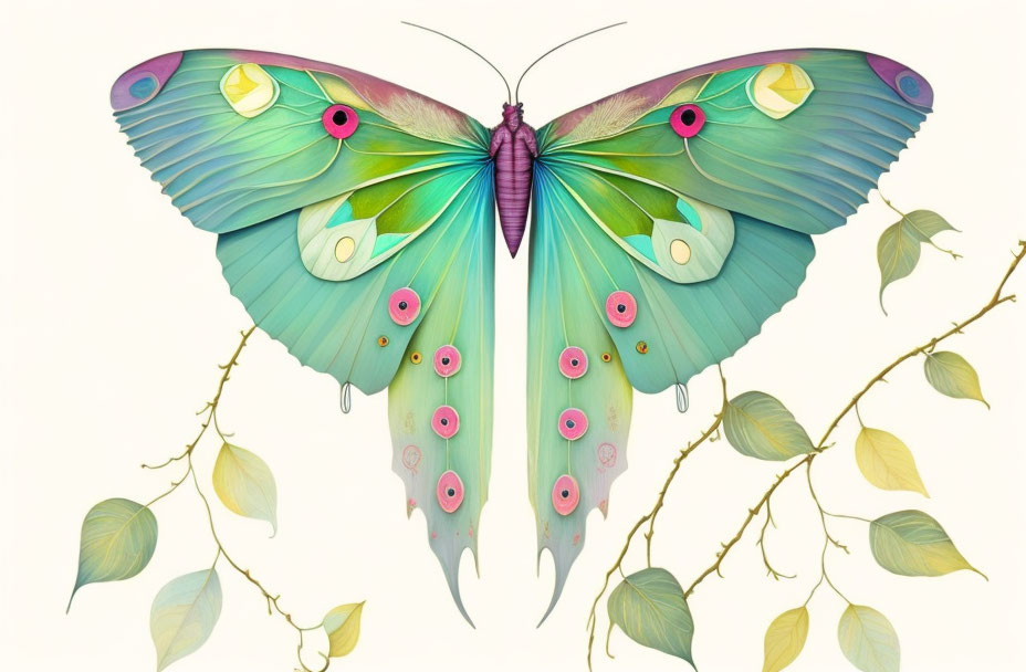 Colorful Butterfly Illustration with Green and Pink Wings on Twigs