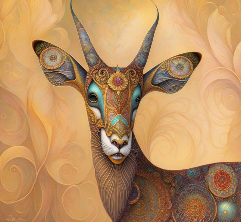 Stylized deer digital artwork with intricate patterns and vibrant colors