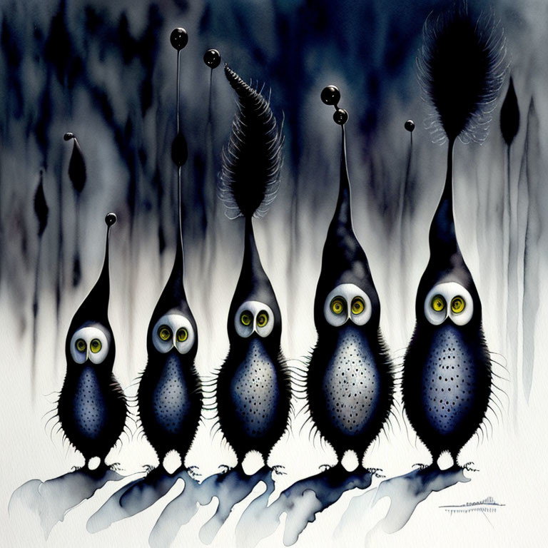 Quirky creatures with large eyes and fluffy bodies on blue backdrop