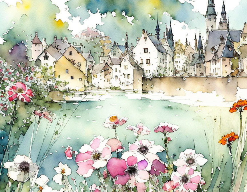 Whimsical watercolor painting of quaint village with historic buildings and river