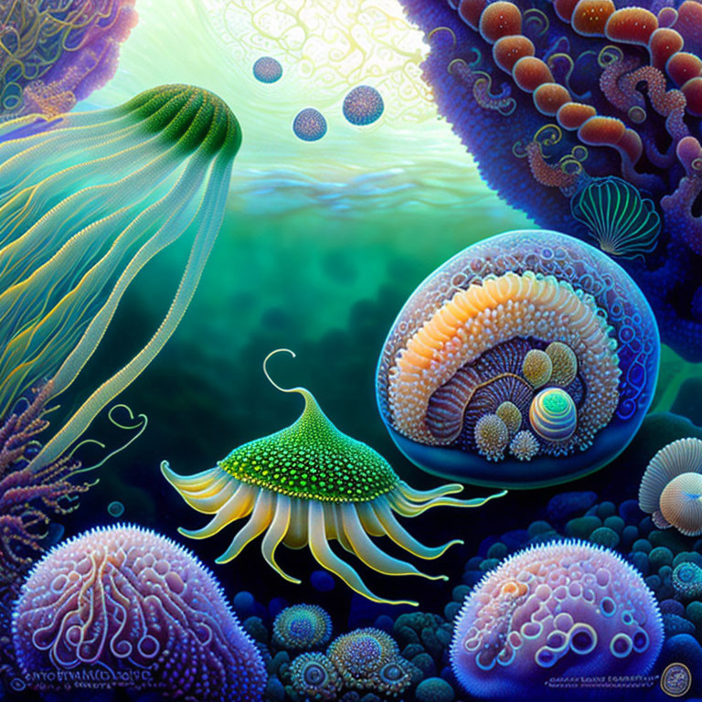 Colorful underwater scene with stylized jellyfish and marine life in purples, greens, and