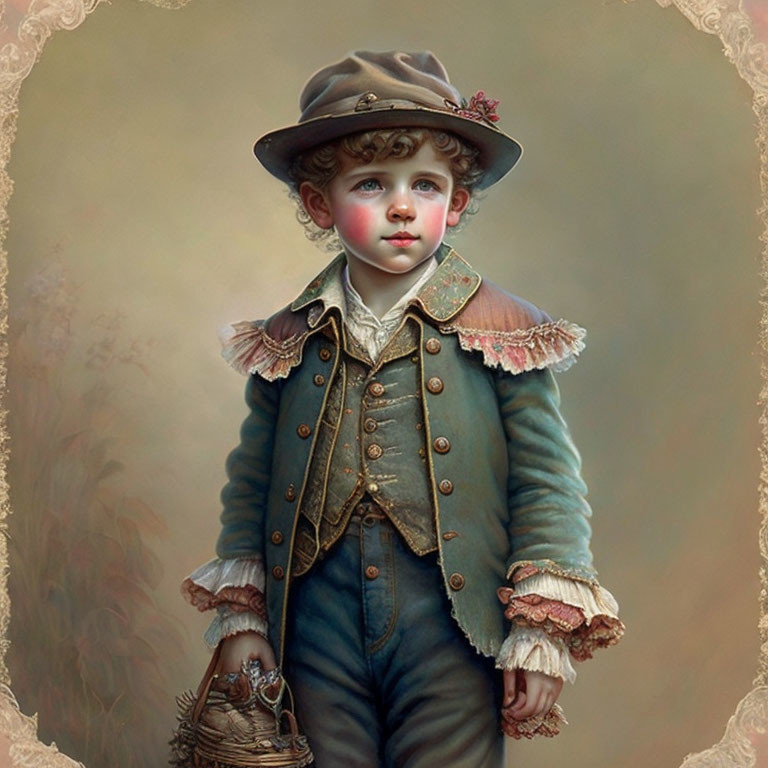 Portrait of a young boy in vintage attire holding a bird