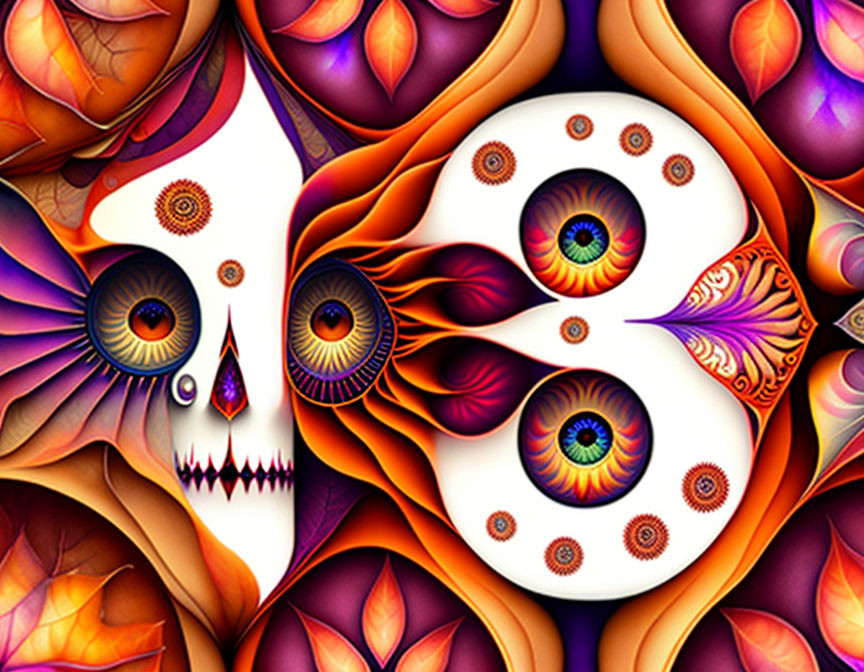 Abstract digital artwork with swirling eye-like shapes and colorful petal textures in purple, orange, and white