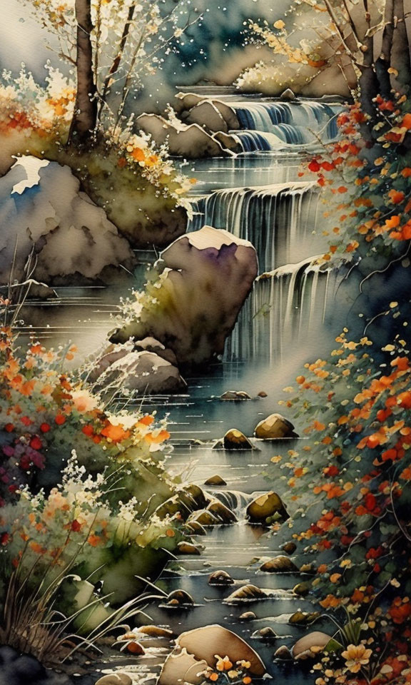 Tranquil watercolor painting: cascading stream, colorful flora, birch trees