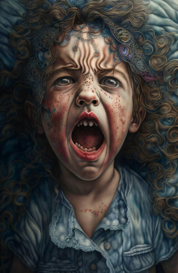 Hyperrealistic painting of child with distorted face and screaming expression