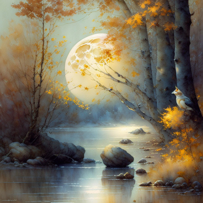 Full Moon Over Birch Trees and River with White Bird in Autumn Scene