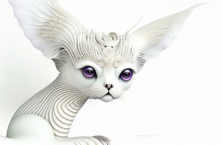 Whimsical stylized cat creature with purple eyes and intricate swirls