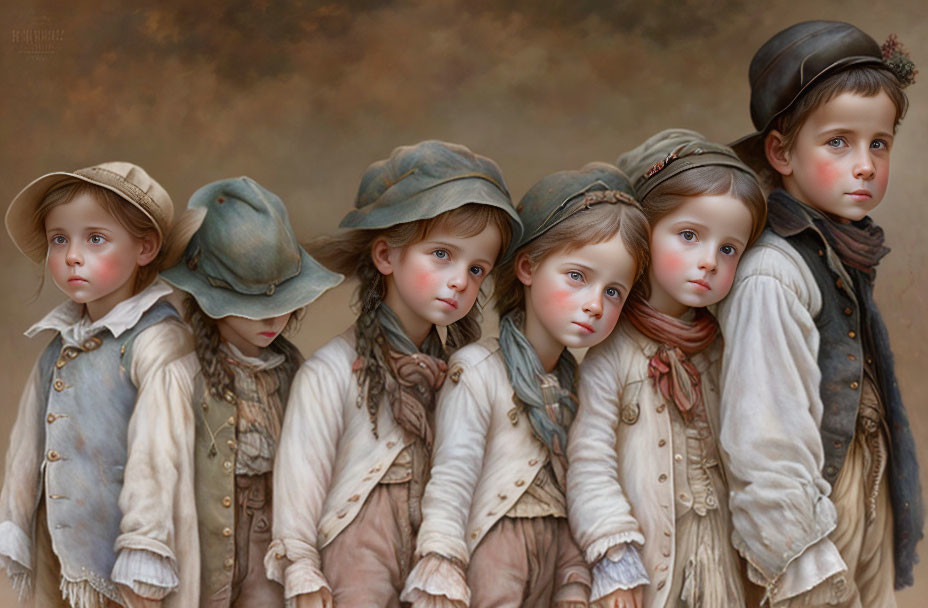 Vintage Clothing: Five Children in Sepia Tone