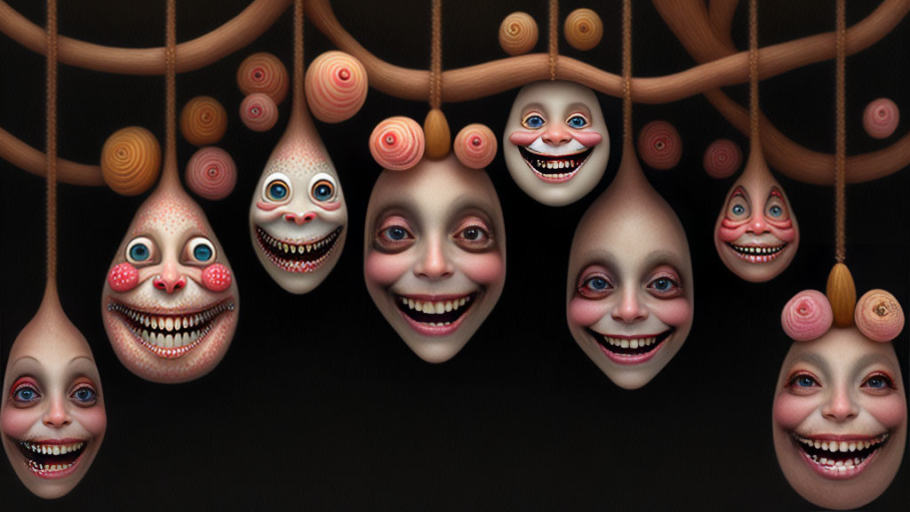 Assorted Smiling Faces on Strings Against Dark Background