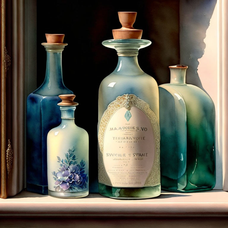 Decorative ceramic bottles in shades of blue and green with intricate labels and cork stoppers on a shelf