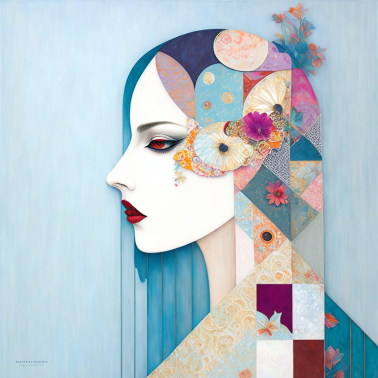 Stylized woman with blue hair and colorful patterns, adorned with flowers.