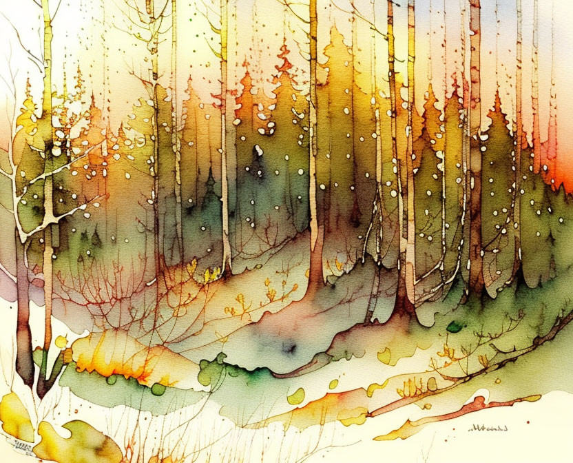 Colorful Autumn Forest Illustration with Watercolor Textures