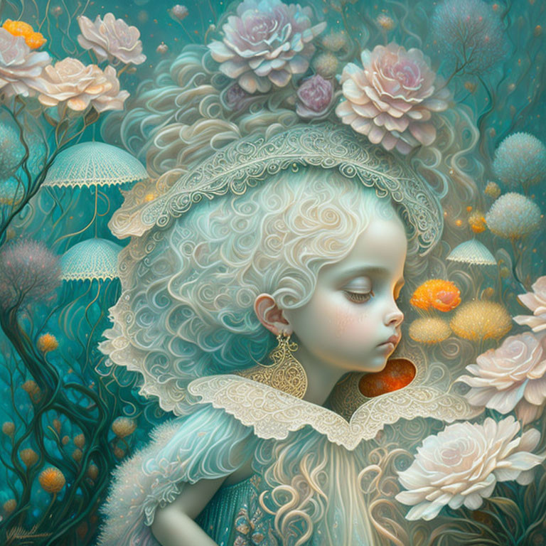 Surreal portrait of girl with exaggerated proportions and fantasy underwater theme