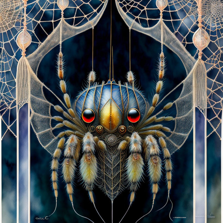 Symmetrical spider art with red eyes on cobweb background