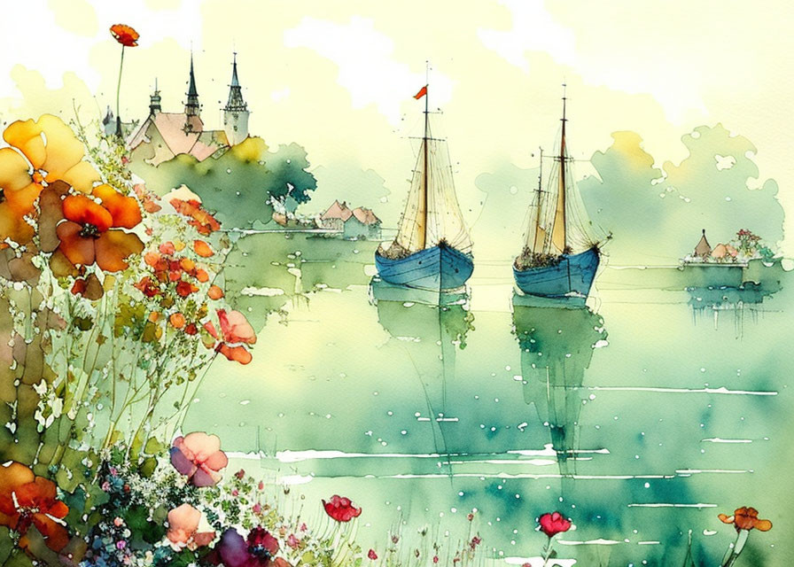 Sailing ships watercolor painting with village and flowers