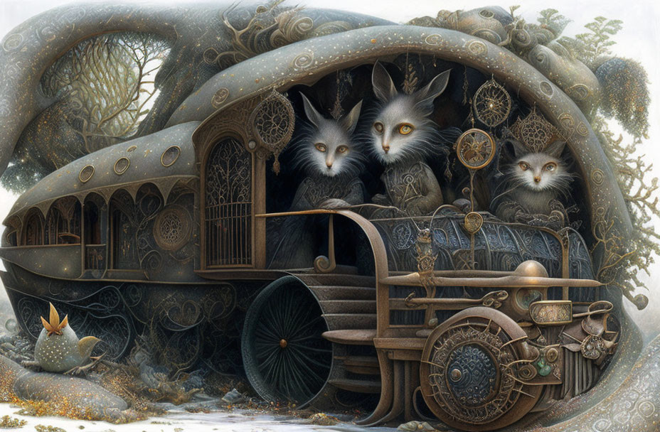 Fantasy caravan with mystical cat-like creatures in snowy landscape.