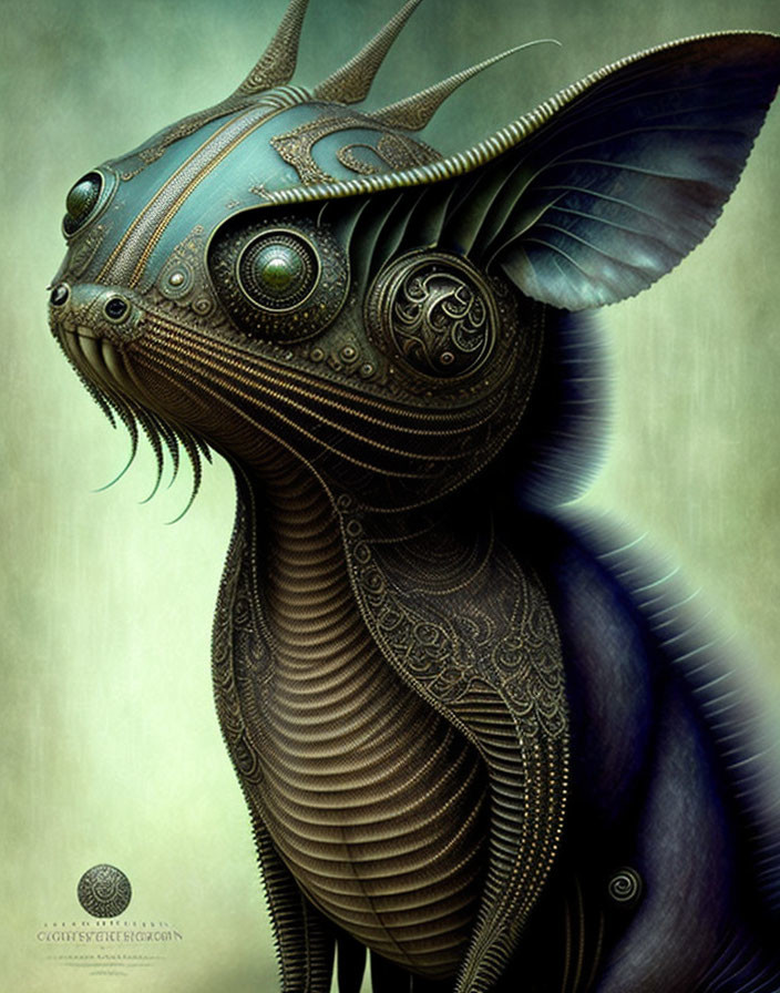 Surreal steampunk creature with mechanical features and butterfly wings