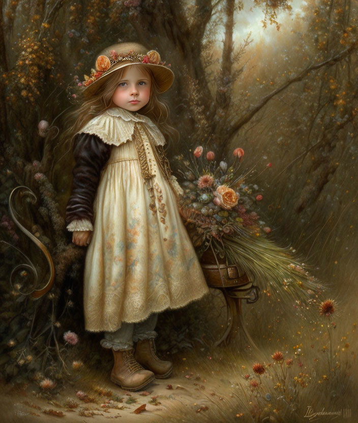 Young girl in cream dress and hat with flower basket in autumn forest