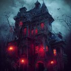 Eerie Victorian house at night with red glow and mist