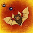 Stylized bat with spiders on textured autumn leaf background