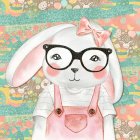 Adorable rabbit in pink dress with overalls, glasses, bow, Easter eggs, and floral motifs