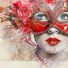 Detailed Watercolor Painting of Woman's Face with Venetian Mask and Flowers